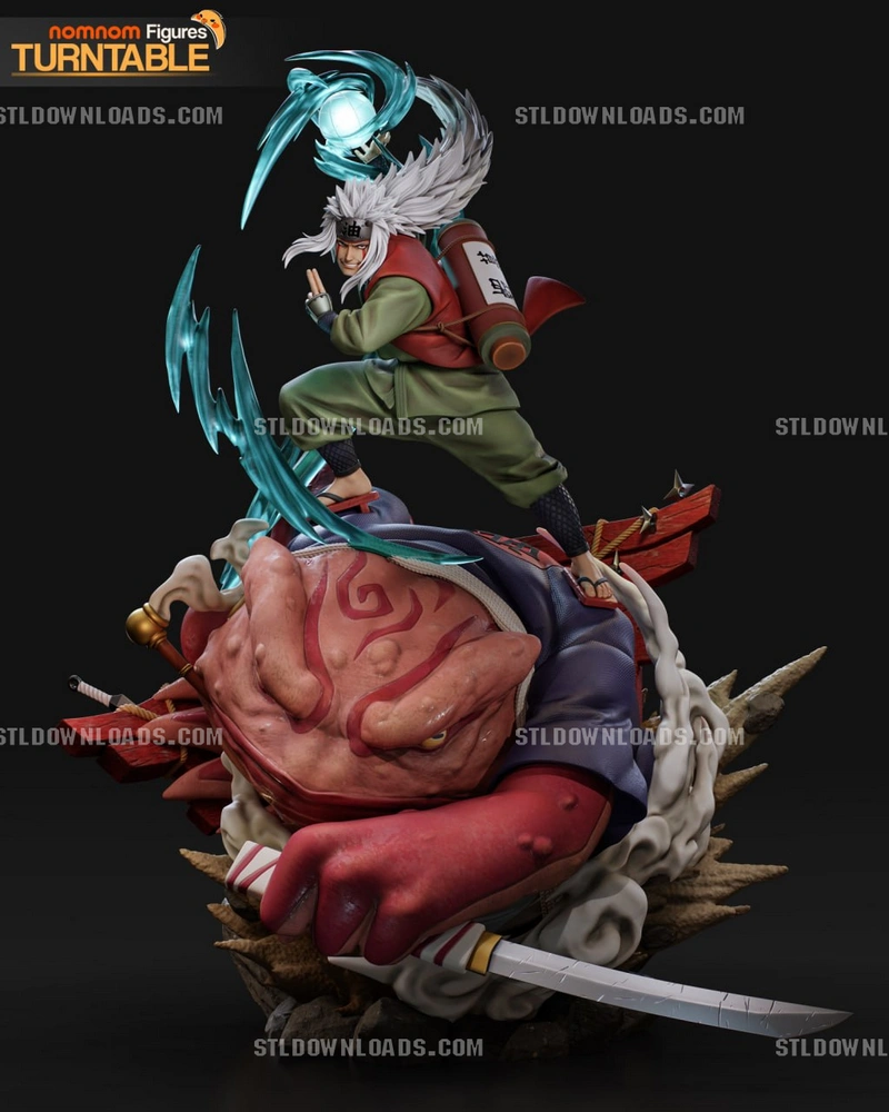 Jiraiya from Naruto riding a giant toad with a scroll, sword, and blue energy effects