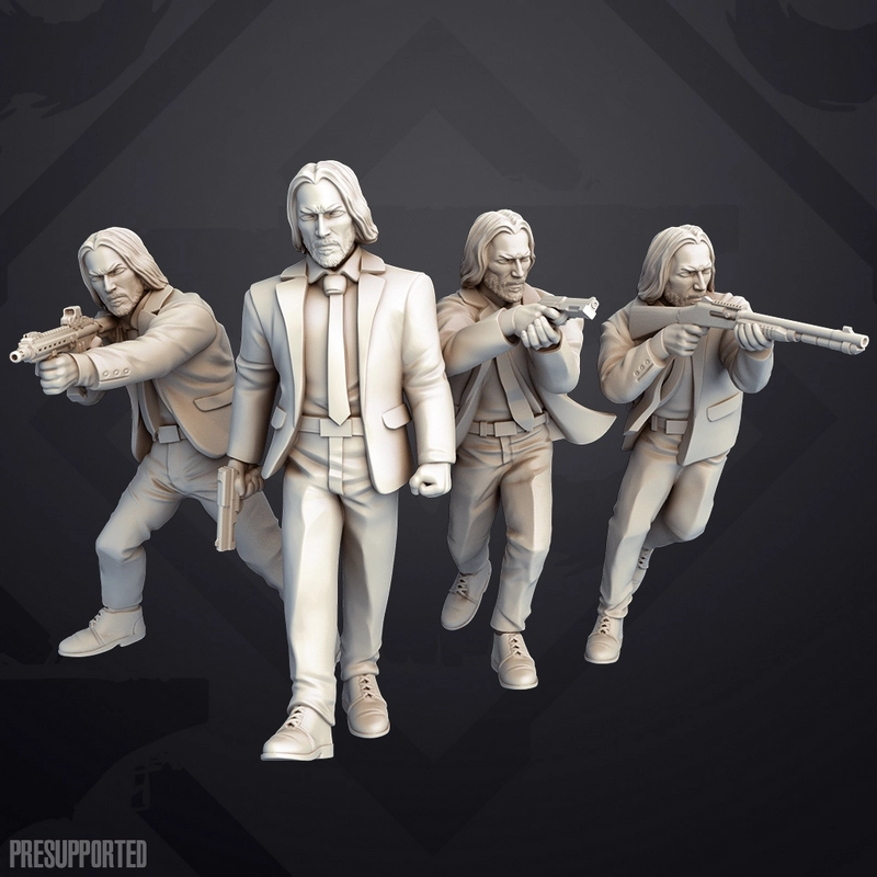 Four John Wick fan art figures in tailored suits holding firearms