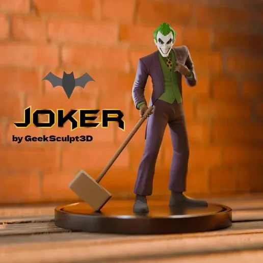 Stylized Joker DC Comics figure with a cane and mallet on a round base