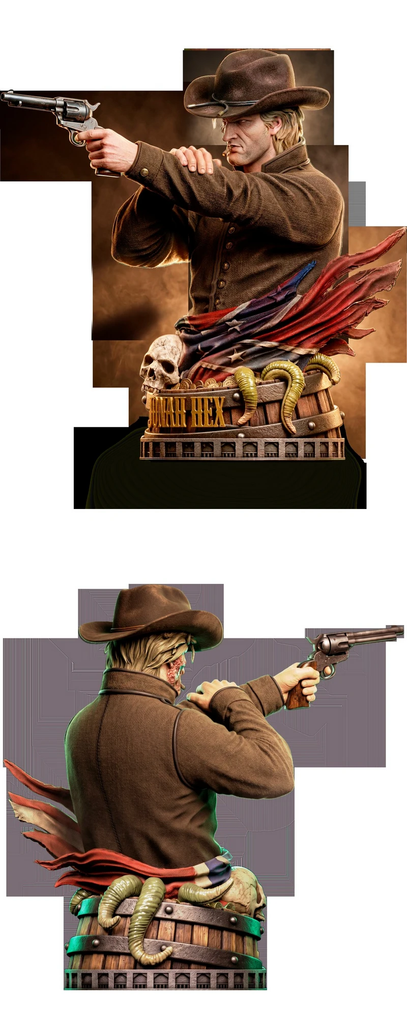 Jonah Hex bust with cowboy hat, revolver, skull, snakes and Western display base