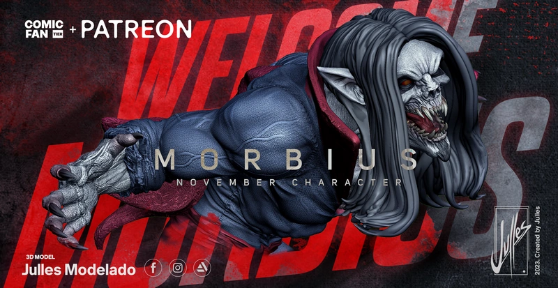 Morbius vampire character figure with fangs, claws, long hair, and red cape