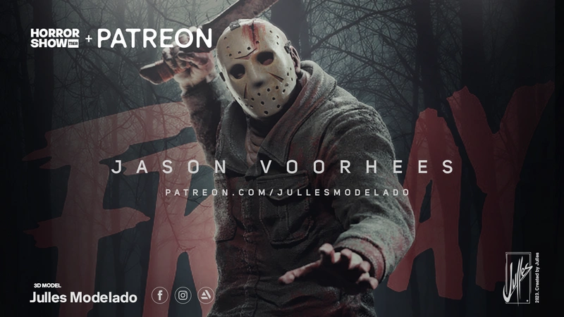 Jason Voorhees wearing a hockey mask and raising a machete