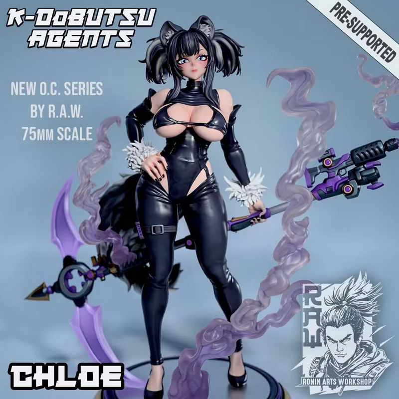 Chloe original character figure with cat-like ears, black outfit, purple weapons and swirling effects