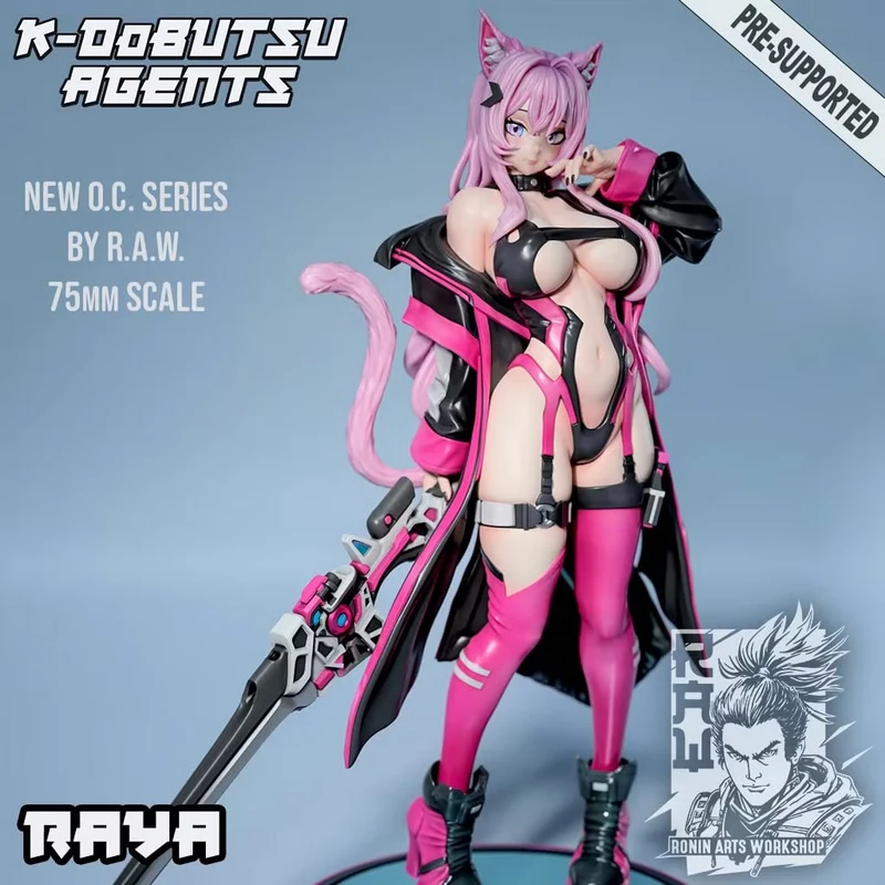 Raya pink-haired catgirl agent STL figure with futuristic weapon