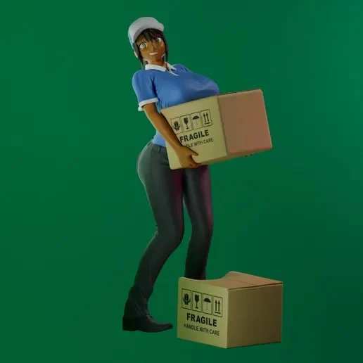 Kanae character figure in a delivery uniform holding a fragile cardboard box