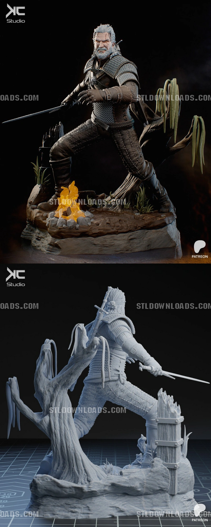 Geralt of Rivia in armor with a sword on a woodland display base