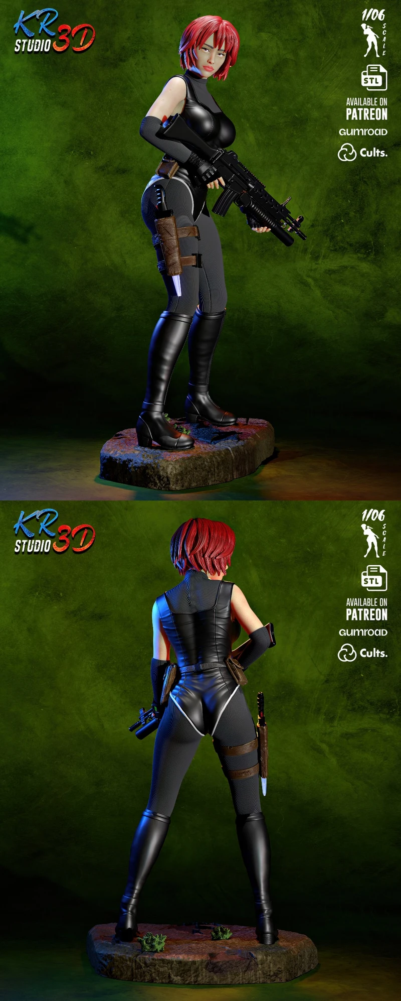 Regina from Dino Crisis 2 holding a rifle on a rocky display base