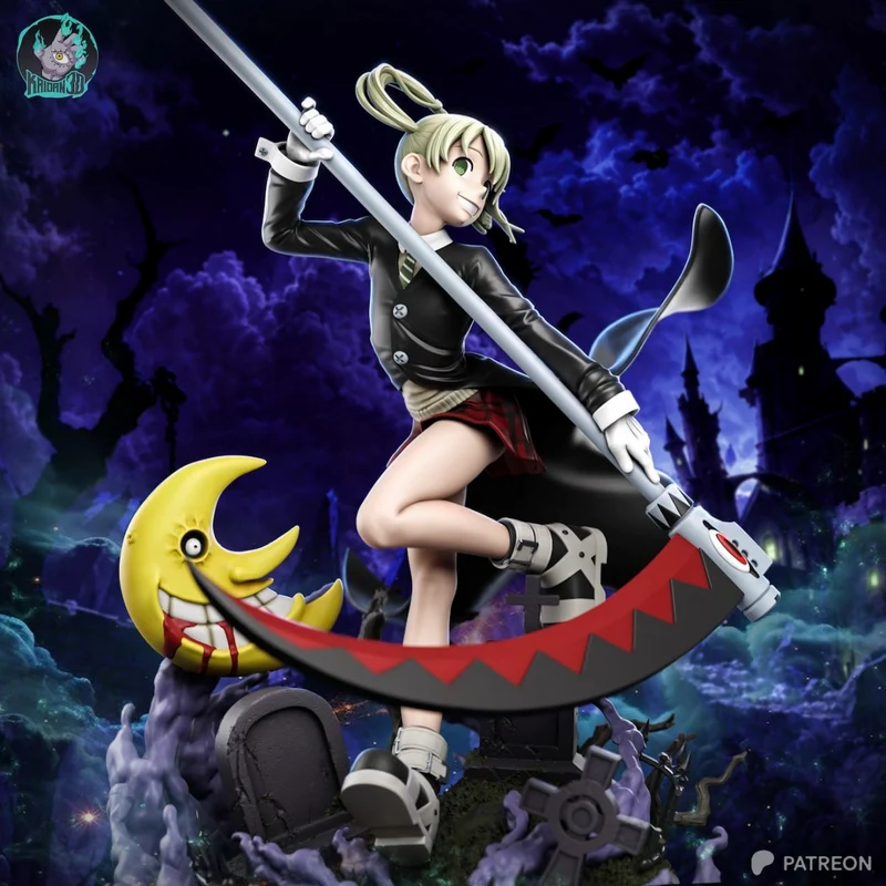 Maka Albarn from Soul Eater holding an oversized scythe beside a crescent moon creature