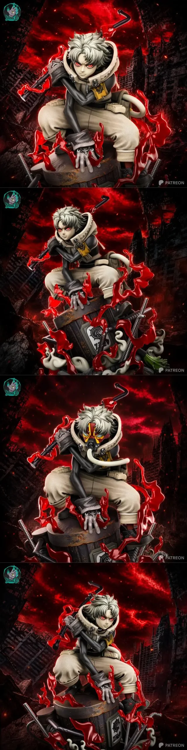 Rudo from Gachiakuta crouching on an industrial base with red energy forms