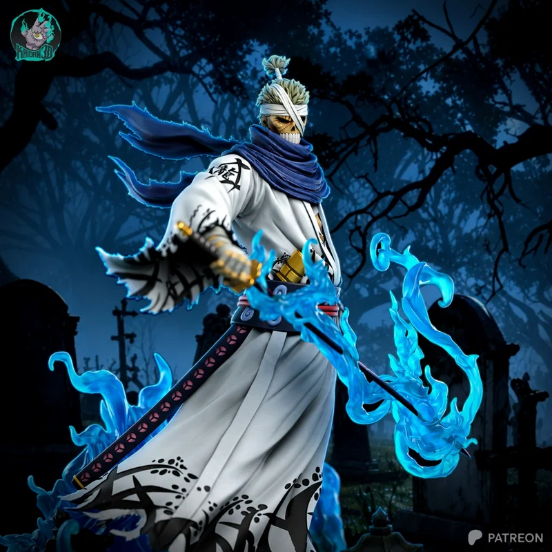 Ryuma One Piece samurai figure with a sword and blue flame effects
