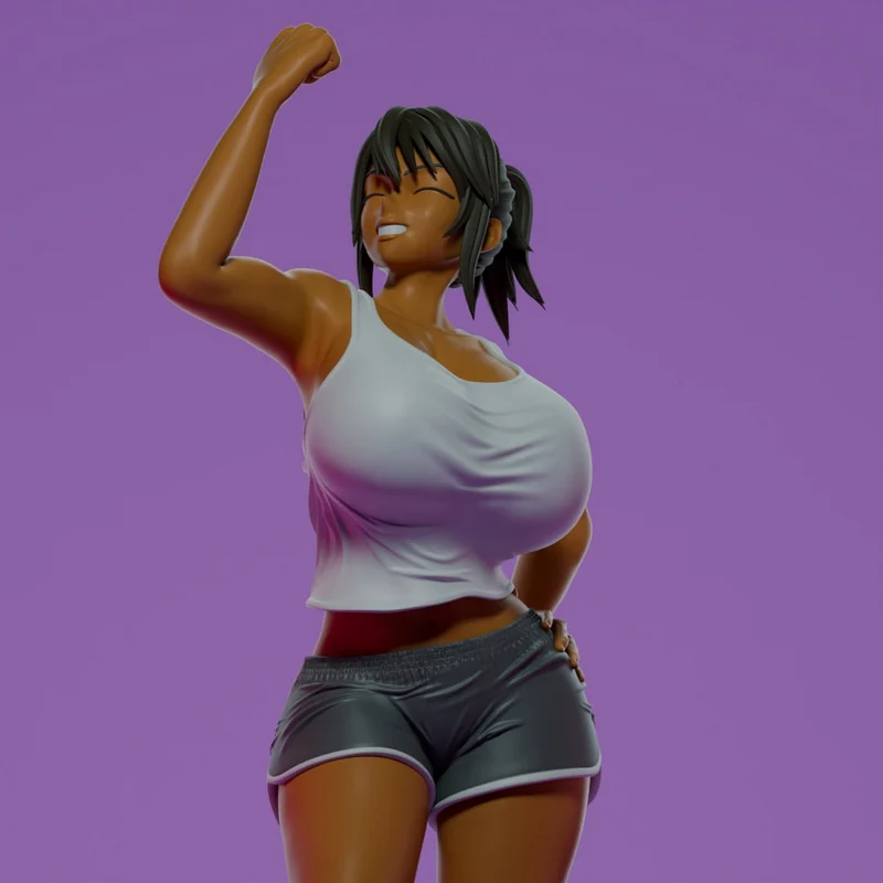 Kanae character figure in a raised-arm pose with dark tied hair and shorts