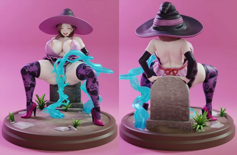 Seated witch figurine with a wide hat, turquoise magical swirls, gravestone, and round display base