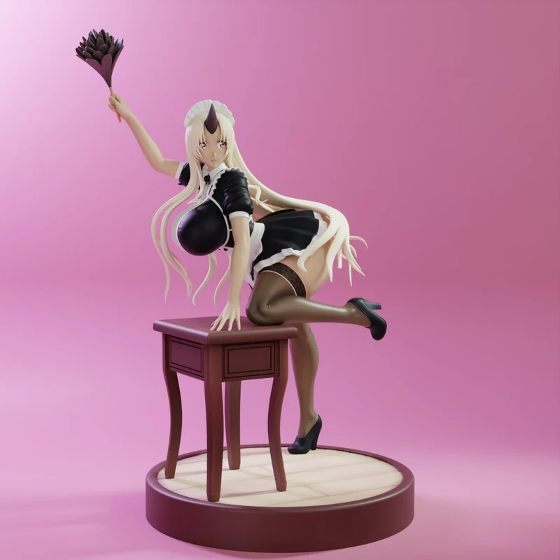 Tionishia Monster Musume horned maid figure posed on a table with feather duster