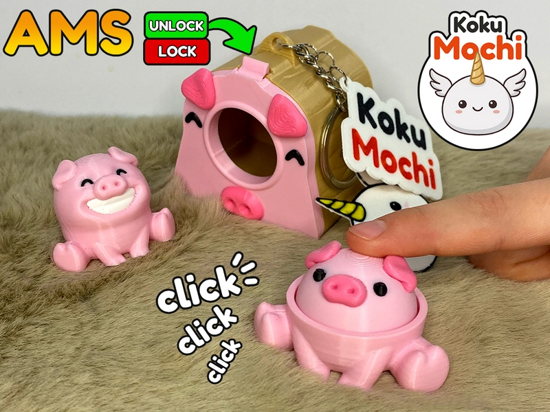 Pink Koku Mochi pig character beside a pink pig-themed house model