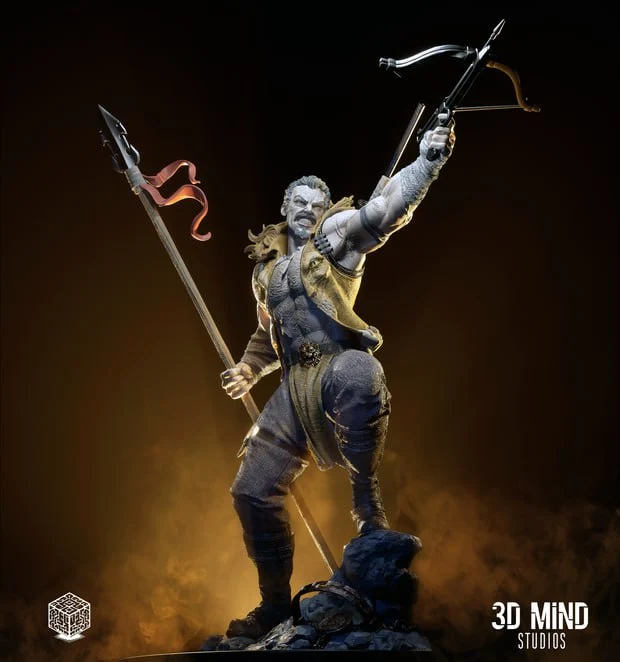 Marvel Kraven the Hunter figure holding a bow and spear on a rocky base