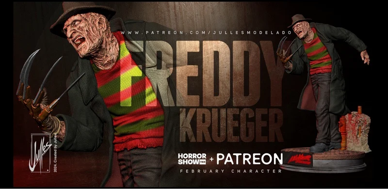 Freddy Krueger figure wearing a fedora, striped sweater and bladed glove