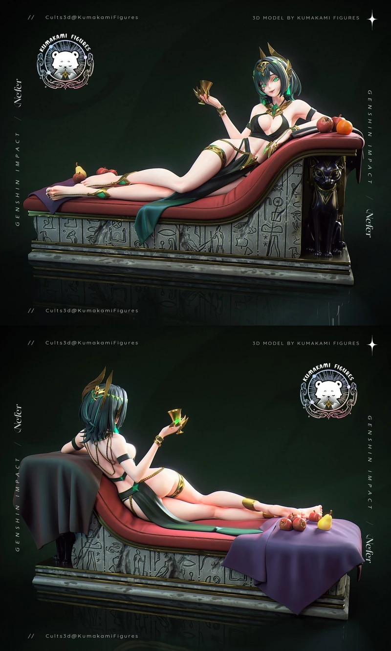 Nefer from Genshin Impact reclining on an ornate Egyptian-inspired chaise