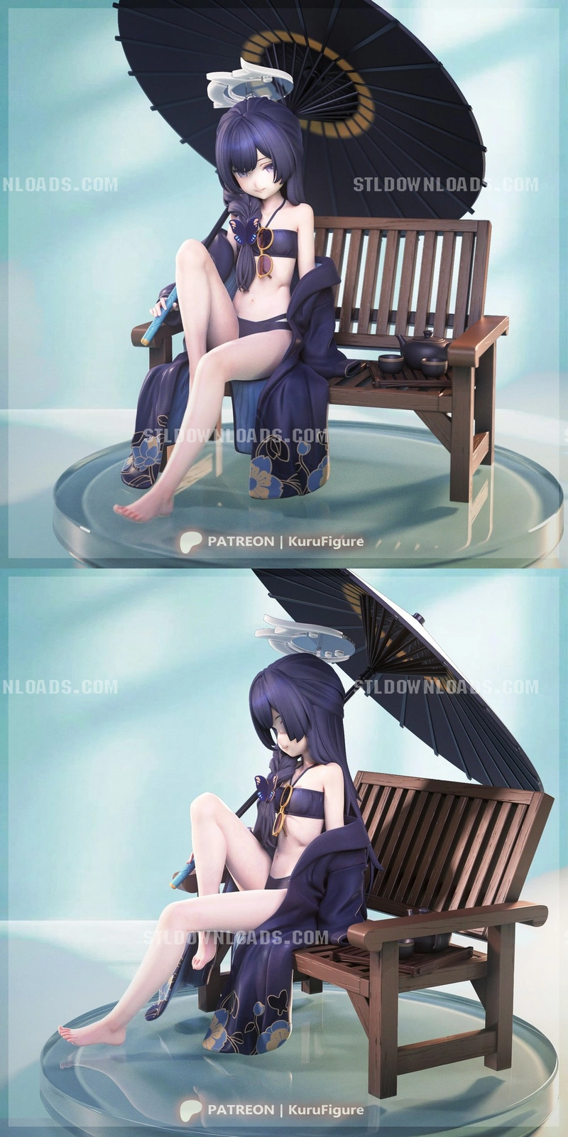 Ryuuge Kisaki seated on a bench beneath a parasol with a tea set