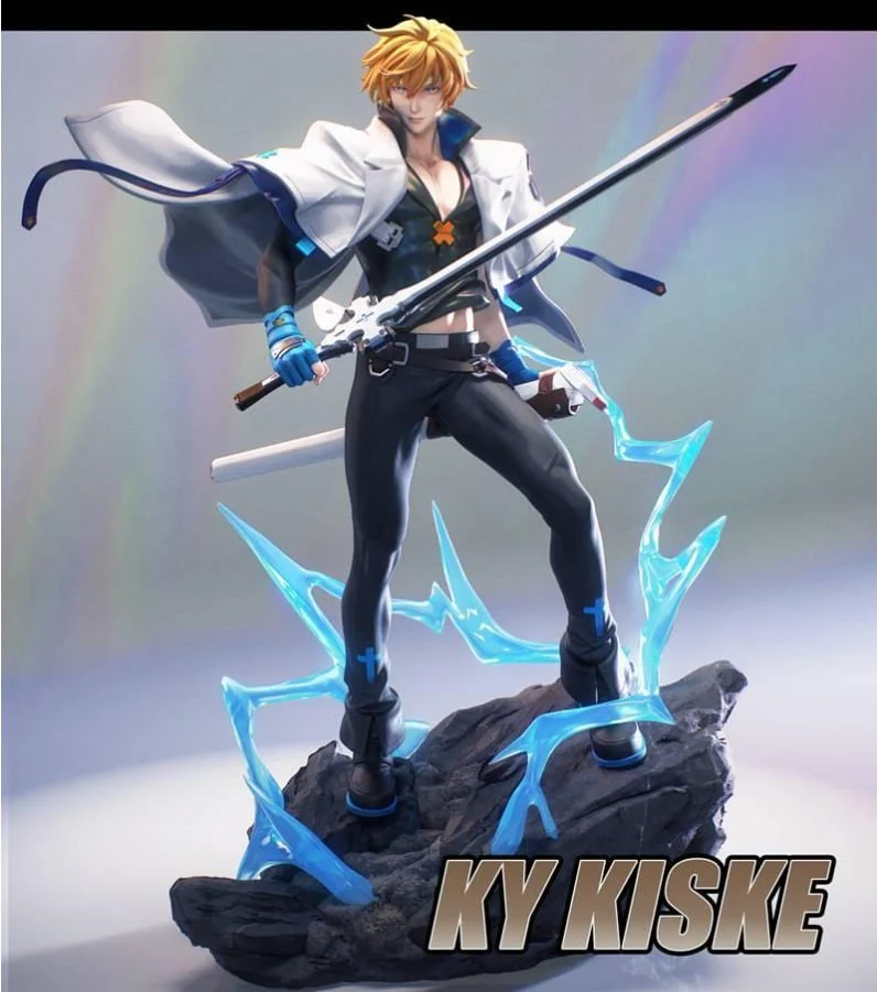 Ky Kiske Guilty Gear figure with sword, white coat and blue energy effects