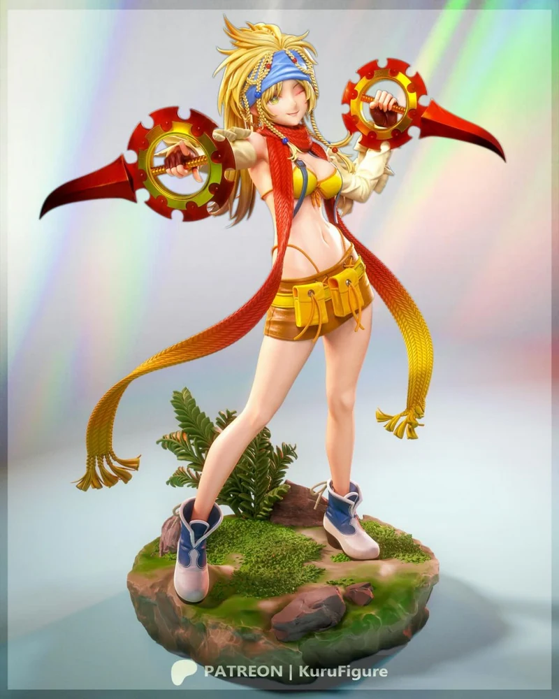 Rikku from Final Fantasy X holding twin circular bladed weapons
