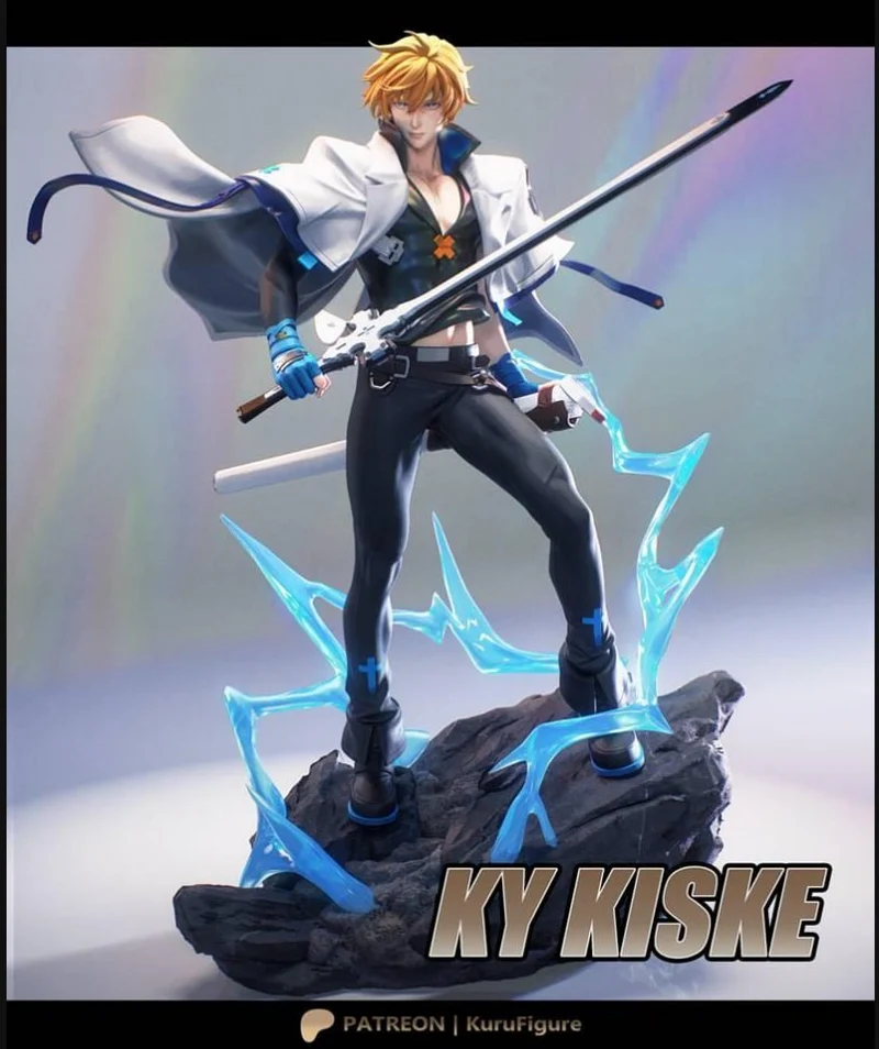 Ky Kiske Guilty Gear figure with sword, white coat, blue effects, and rocky base