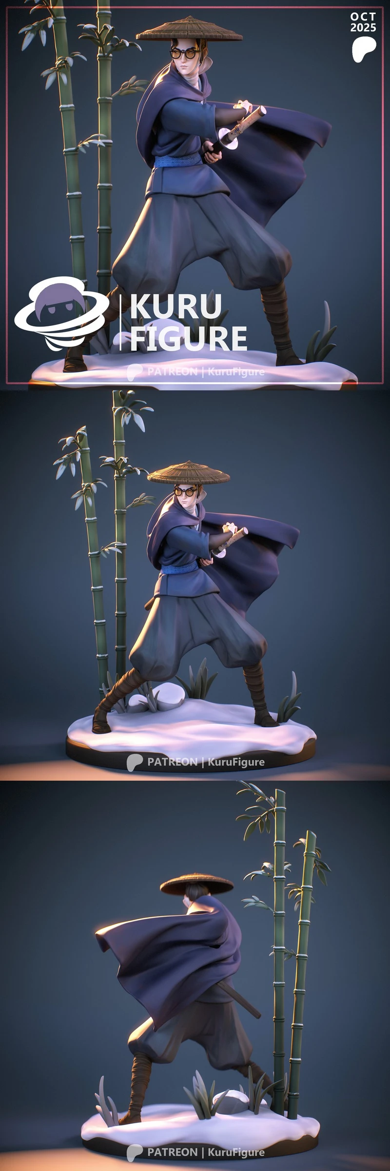 Mizu original character figure in robes, straw hat, and sword on a bamboo base