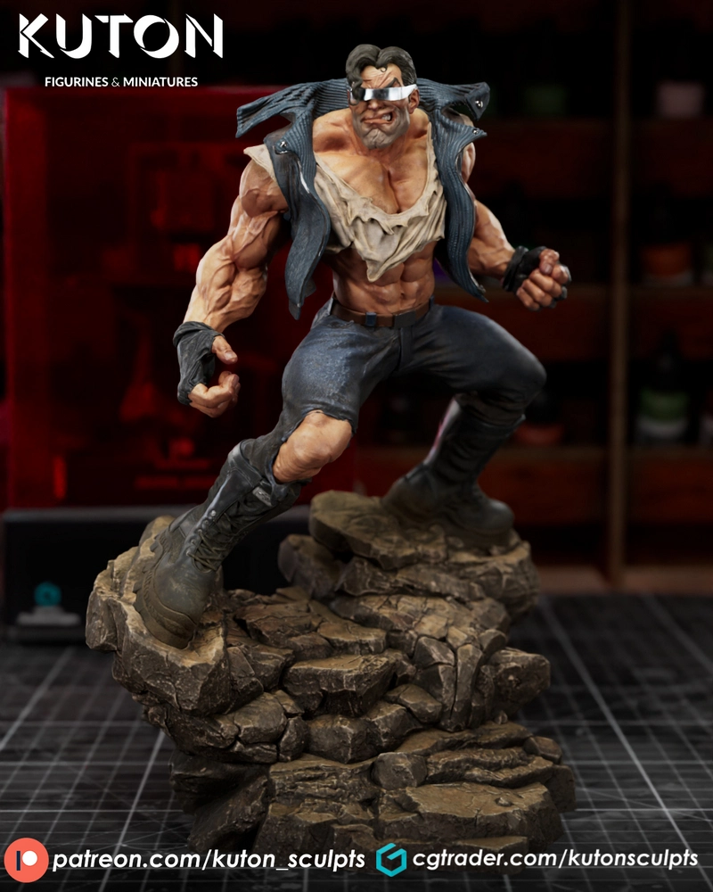 Sharky original character figurine in a dynamic pose on a rocky base