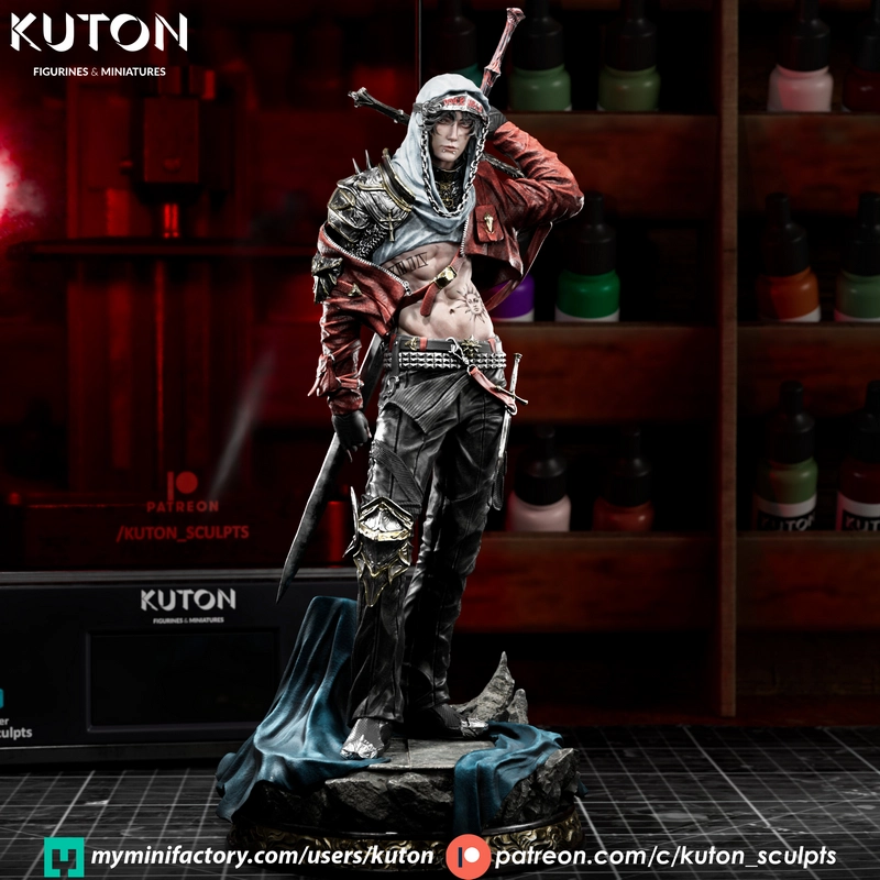 Elias hooded original character figure with armor, red jacket, and rocky base