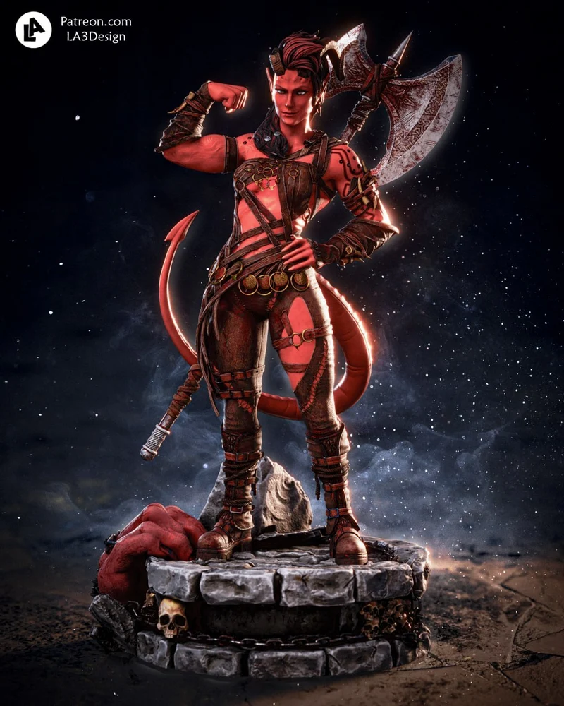 Karlach tiefling warrior figure with axe, tail, armor, and stone display base