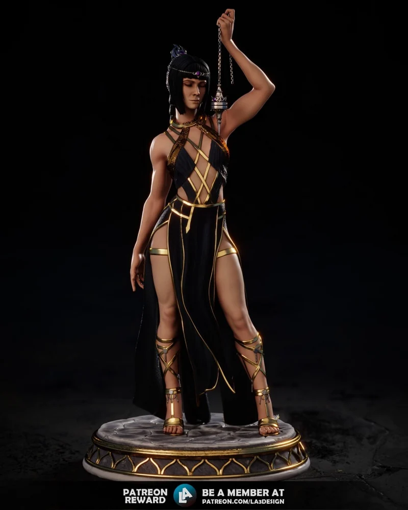 Shadowheart from Baldur’s Gate 3 in a black-and-gold outfit holding a chain above an ornate round base.