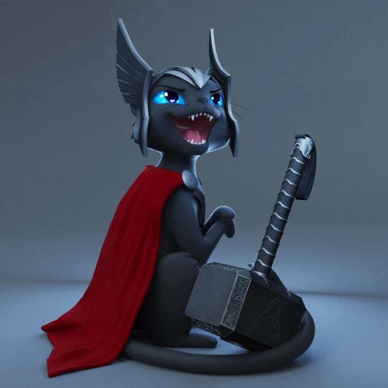 Kitty League of Legends figurine with a red cape, blue eyes, curled tail, and hammer