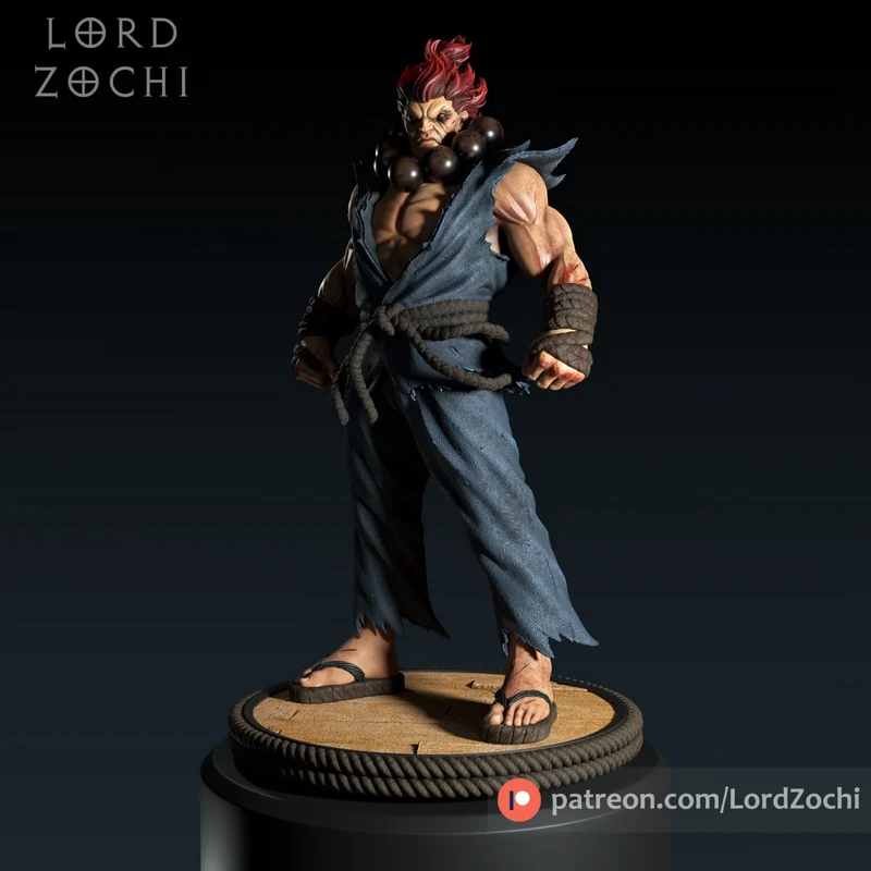 Akuma Street Fighter figure with red hair, blue gi, beads, and display base
