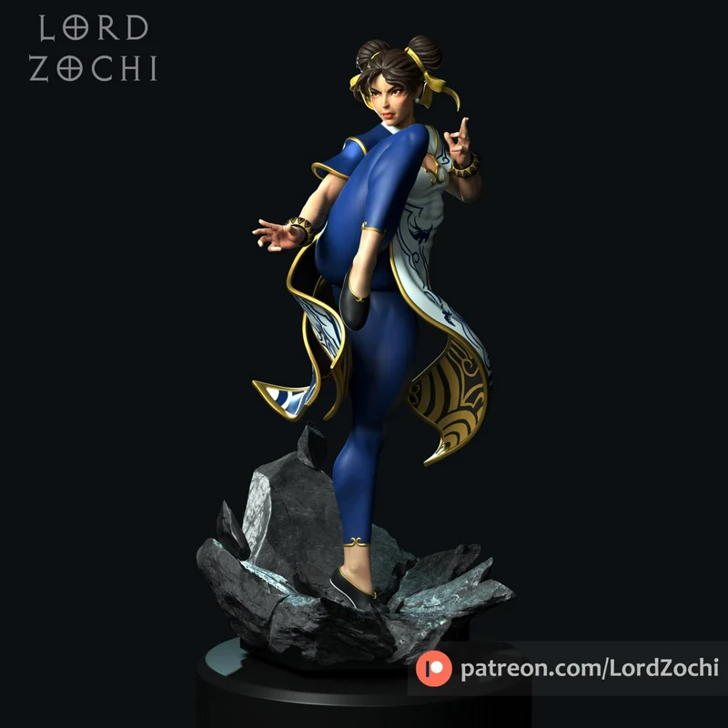 Chun-Li Street Fighter figure in blue outfit posed on a rocky base