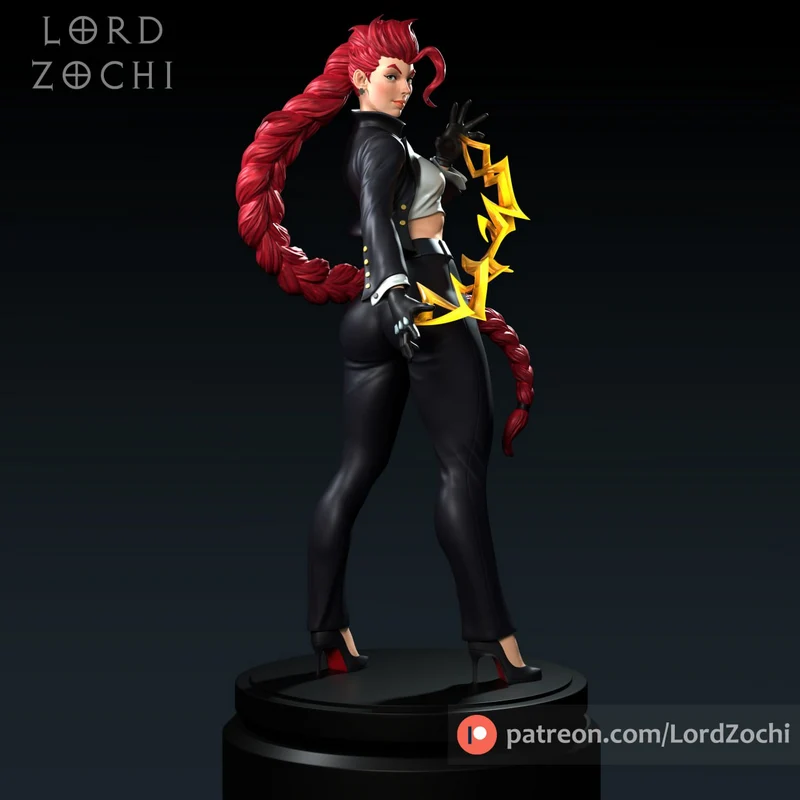 Crimson Viper Street Fighter figure with red braided hair and yellow energy effects