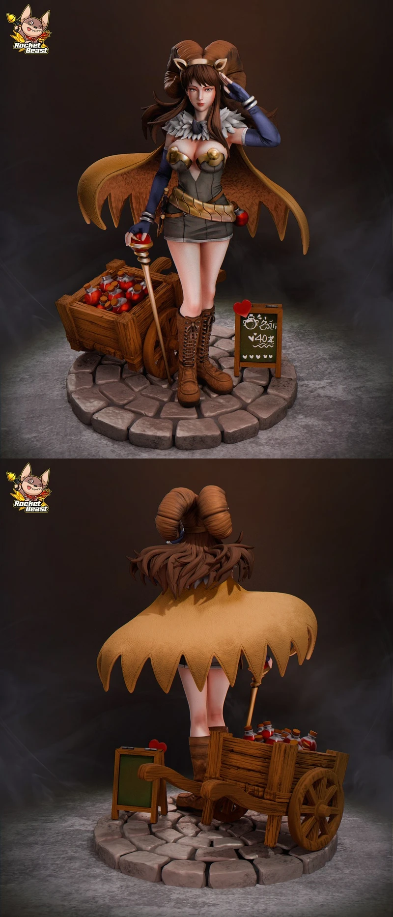 Fantasy lady alchemist statue with potion cart, staff, winged cape, and cobblestone base