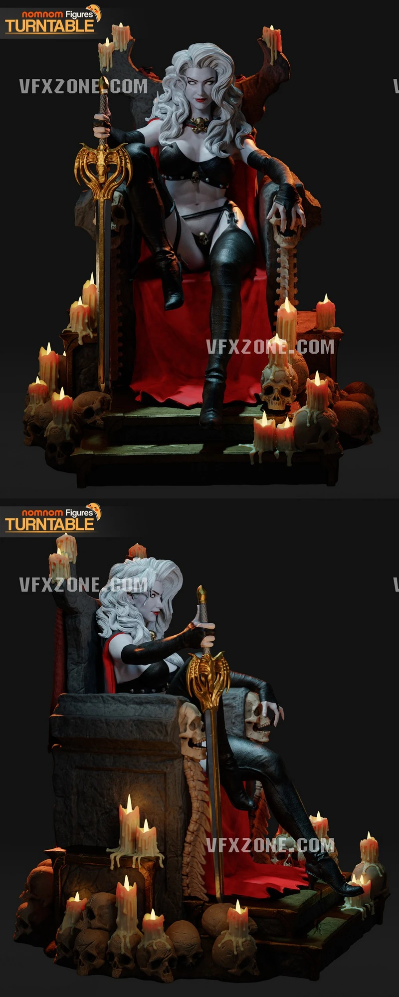 Lady Death seated on a gothic throne with sword, skulls, and candles