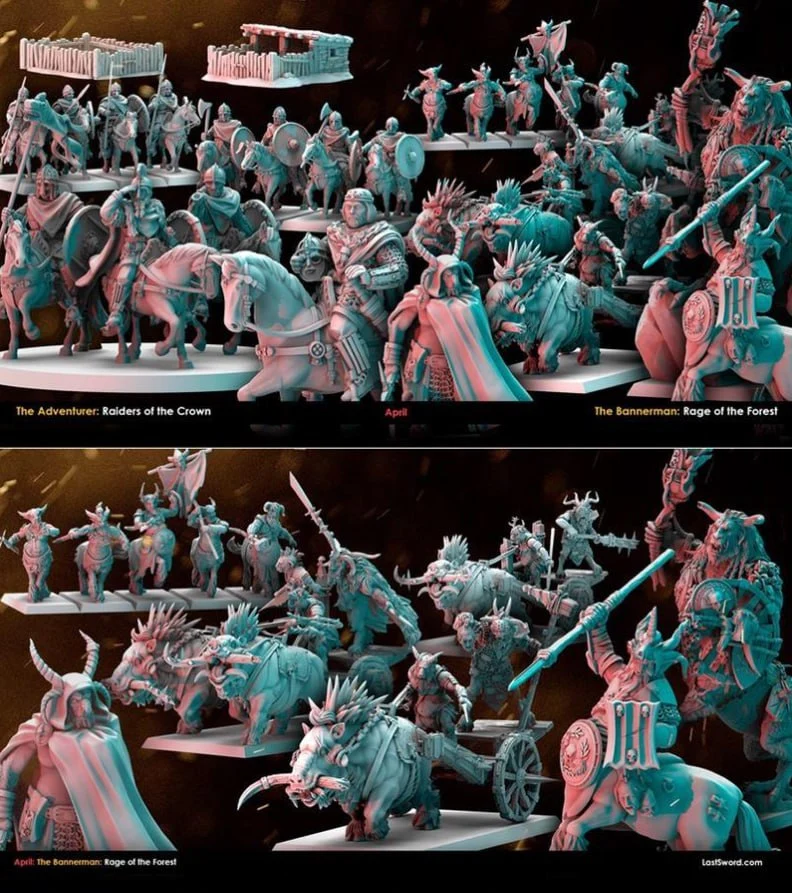 Original fantasy tabletop miniatures with armored warriors, mounts, banners, and horned beasts