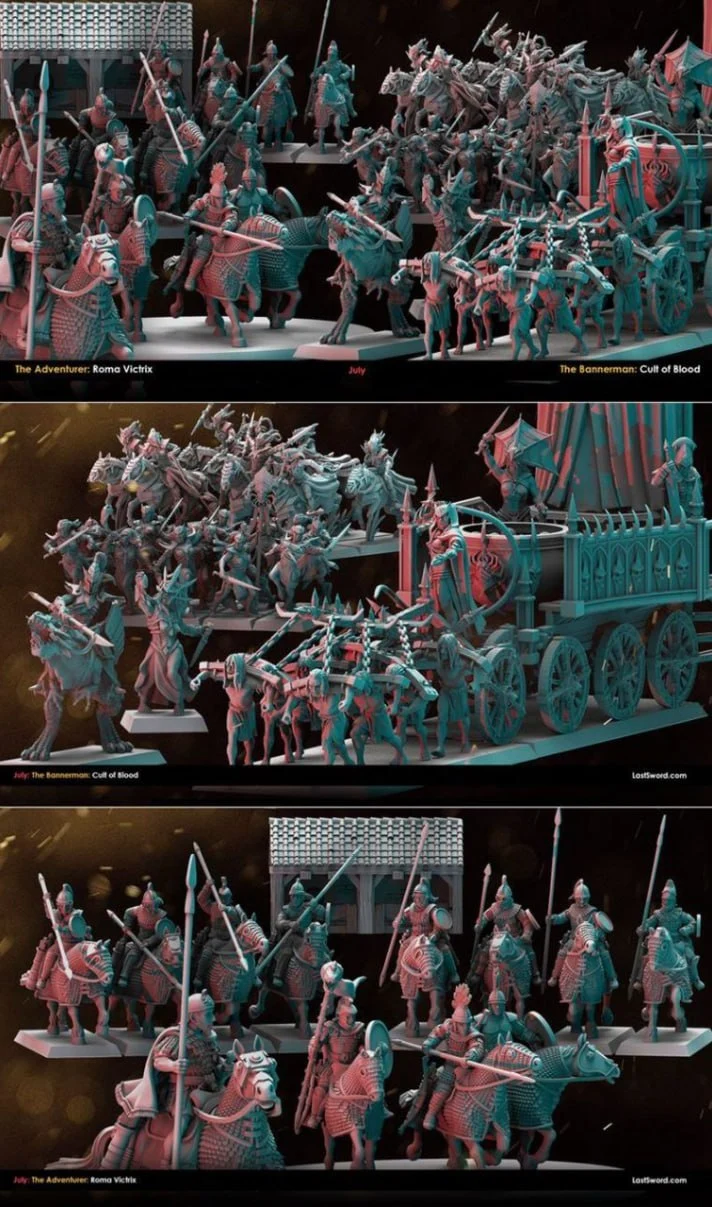 Original fantasy cavalry, infantry, mounted creatures, and a detailed war wagon