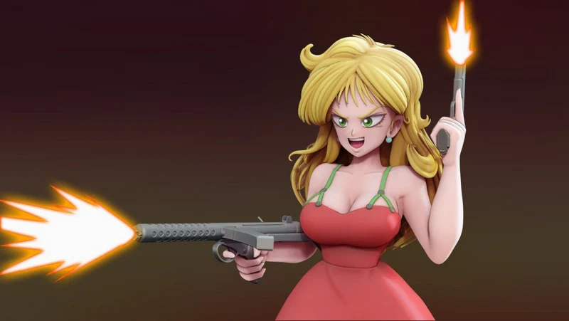 Launch from Dragon Ball holding two firearms, shown as a blonde anime character figure