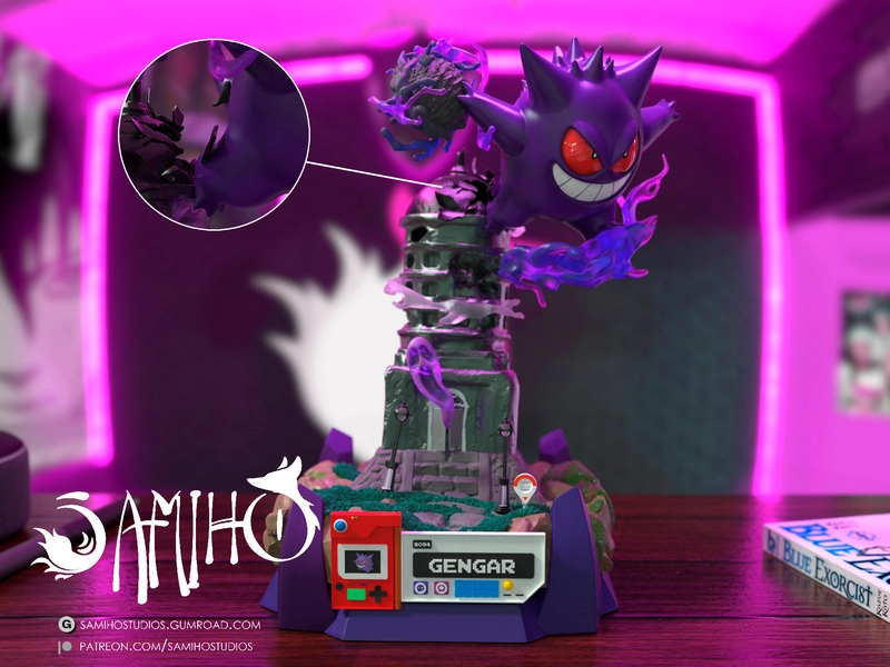 Gengar Pokémon figure posed above a spooky tower display with a themed plaque
