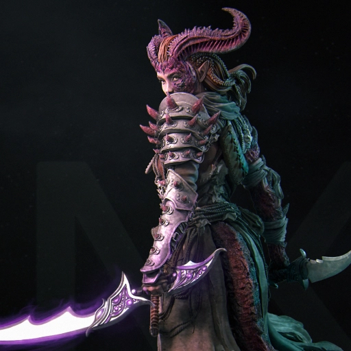 Lensi fantasy warrior statue with curled horns, spiked armor, braided hair, and a large curved sword.