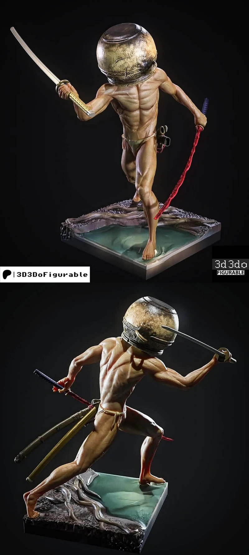 Let Me Solo Her Elden Ring figure with bowl helmet, two swords, and square display base