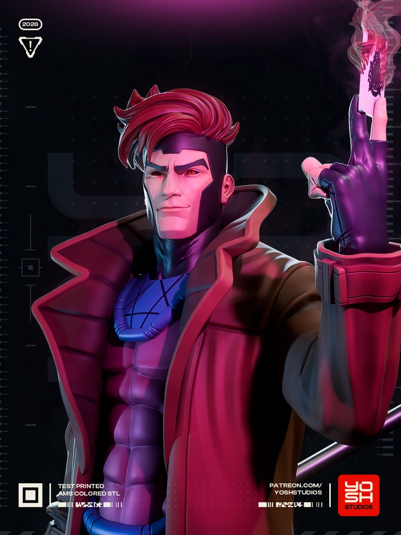 Stylized Marvel Gambit figure with red hair, long coat, gloves, and staff