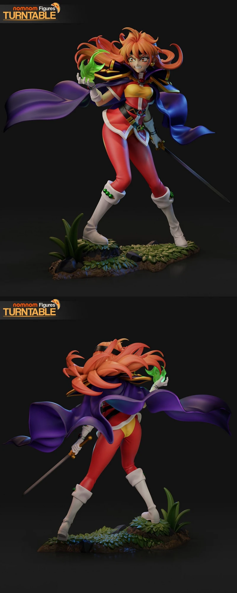 Lina Inverse Slayers figure with flowing purple cape, sword, and green spell-like effect