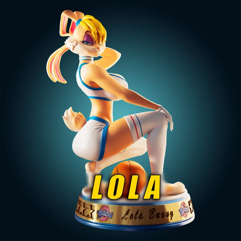 Stylized Lola Bunny character figure in a crouching pose on a basketball base