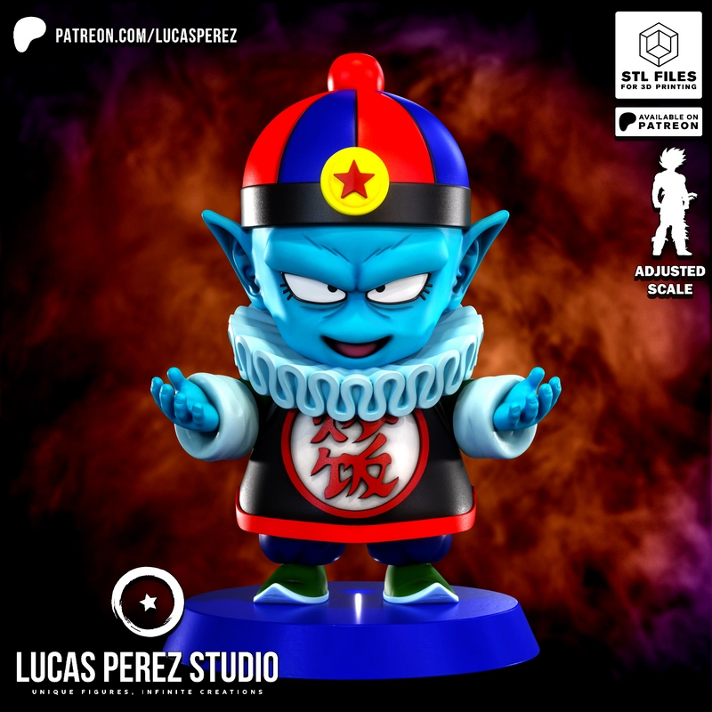 Chibi Emperor Pilaf Dragon Ball figure with red and blue hat, ruffled collar, and display base