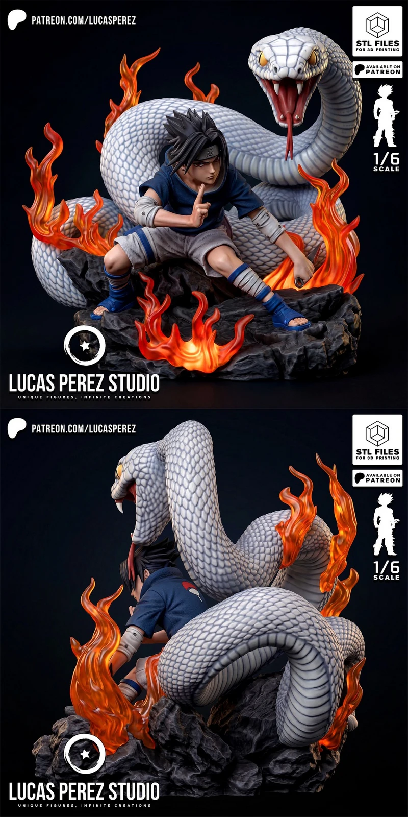 Sasuke Uchiha statue with a giant coiled snake and flame effects