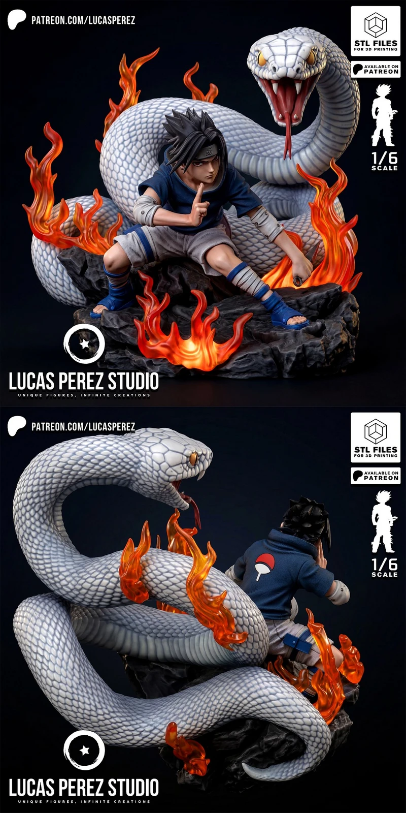 Sasuke Uchiha statue with a coiled white serpent and red flames