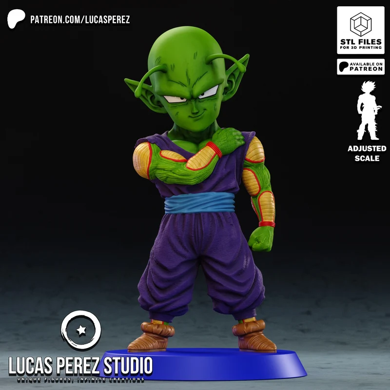 Piccolo Dragon Ball 3D model with crossed arms on a round display base