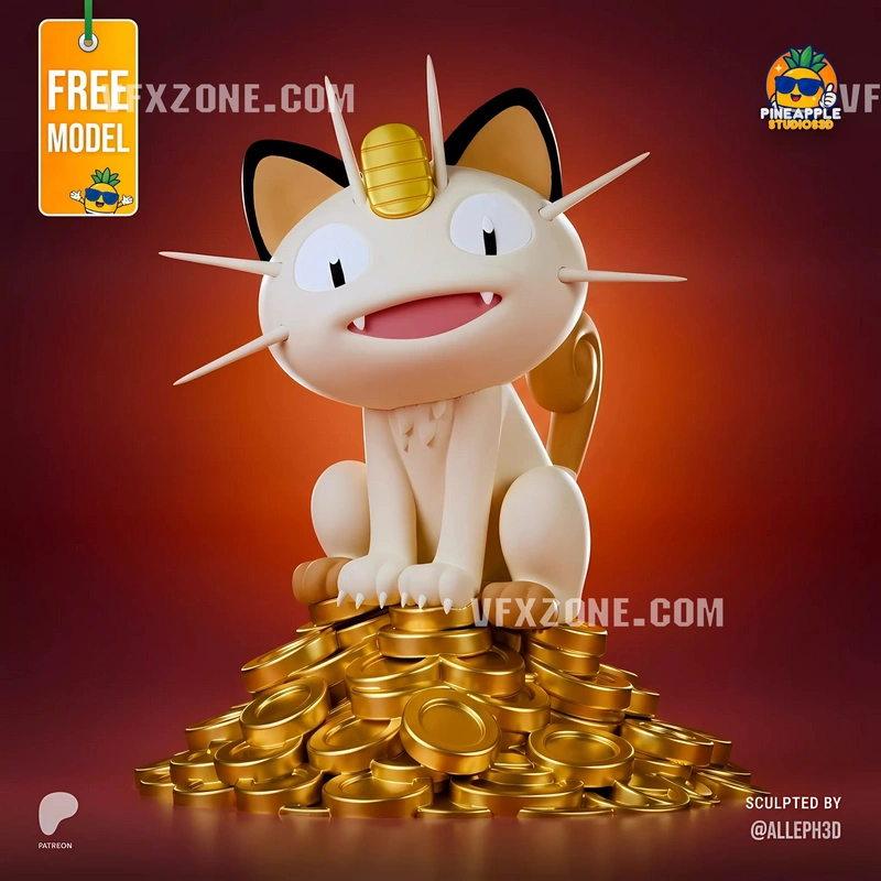 Lucky Meowth Pokémon figure seated on a pile of golden coins